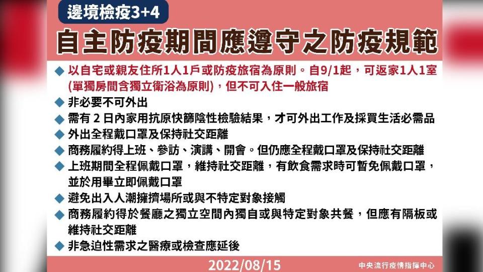 邊境檢疫3+4自主防疫規範。（圖／中央流行疫情指揮中心）