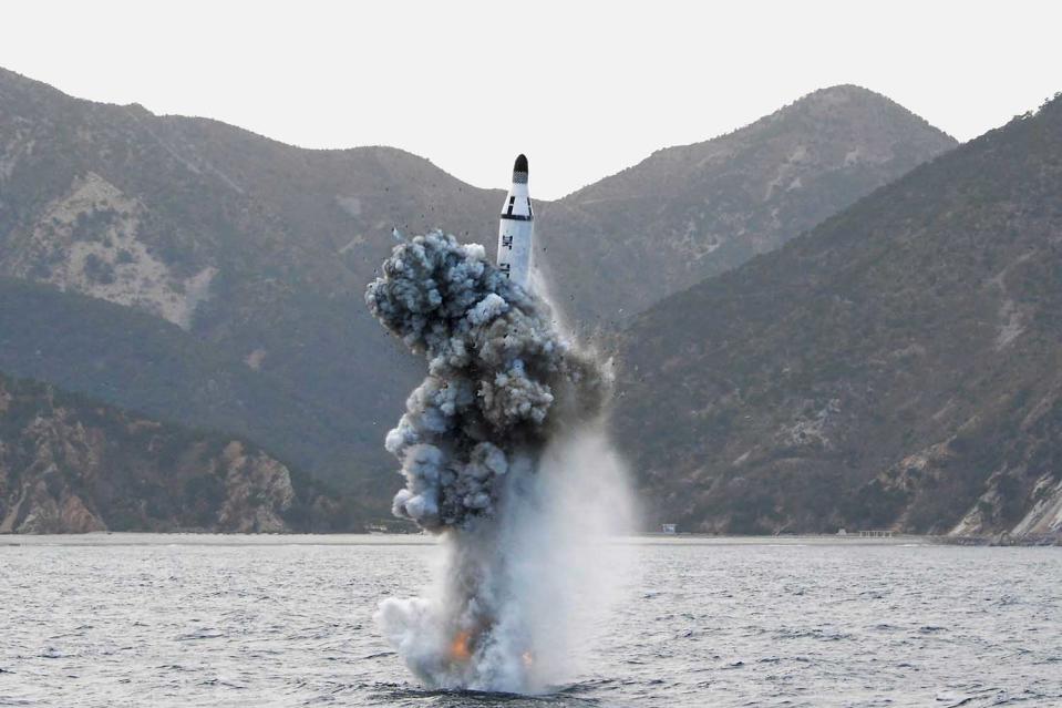 A test-fire of a strategic submarine ballistic missile in Pyongyang on April 24, 2016.