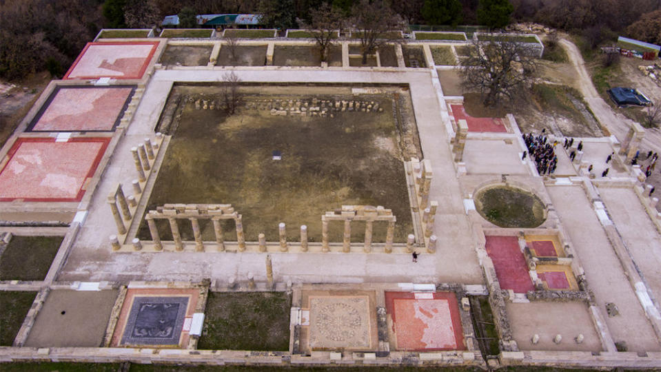 This aerial photo taken in Vergina, near Veroia, on January 5, 2024, shows the Aigai Palace after years of restoration work. The Palace of Aigai, known today as Vergina, is the palace where Alexander the Great was crowned king of the Macedonians and is considered not only the biggest but together with the Parthenon, the most significant building of classical Greece. (Photo by AFP) (Photo by -/AFP via Getty Images)