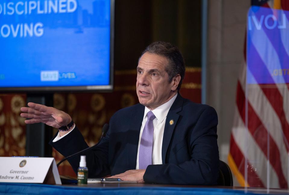 Gov. Andrew Cuomo spoke at a COVID briefing at the state Capitol on Jan. 27, 2021.