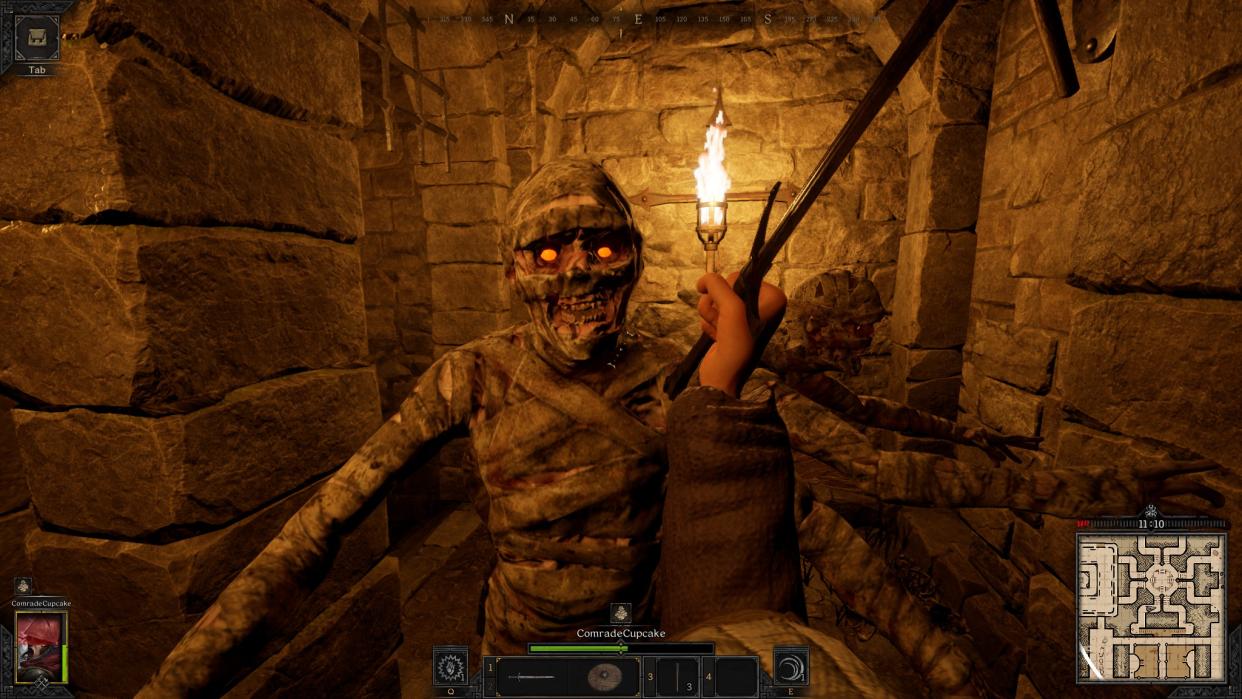  Dark and Darker - A player swings a sowrd at a mummy in a torchlit dungeon hall. 