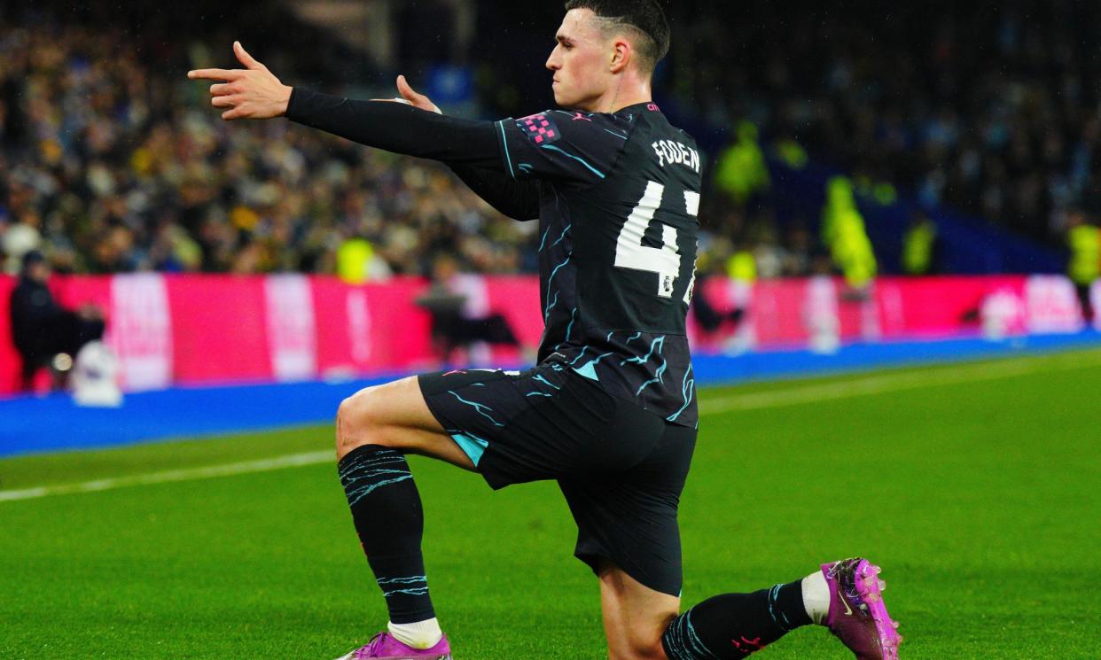 <span>Phil Foden celebrates scoring his second goal to put Manchester City 3-0 up at Brighton.</span><span>Photograph: Javier García/Shutterstock</span>