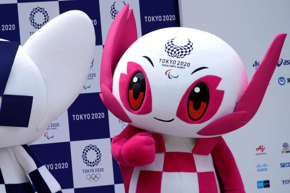 FILE - In this July 22, 2018, file photo, Tokyo 2020 Paralympic mascot "Someity" stands at stage during their debut event in Tokyo. The Tokyo 2020 Paralympic schedule remains essentially unchanged for the event postponed until next year, organizers said on Monday, Aug. 3, 2020. Tokyo organizers made the same announcement several weeks ago for the postponed Olympics. The Paralympics open on Aug. 24, 2021, and close on Sept. 5. The Olympics are to open on July 23. (AP Photo/Eugene Hoshiko, File)