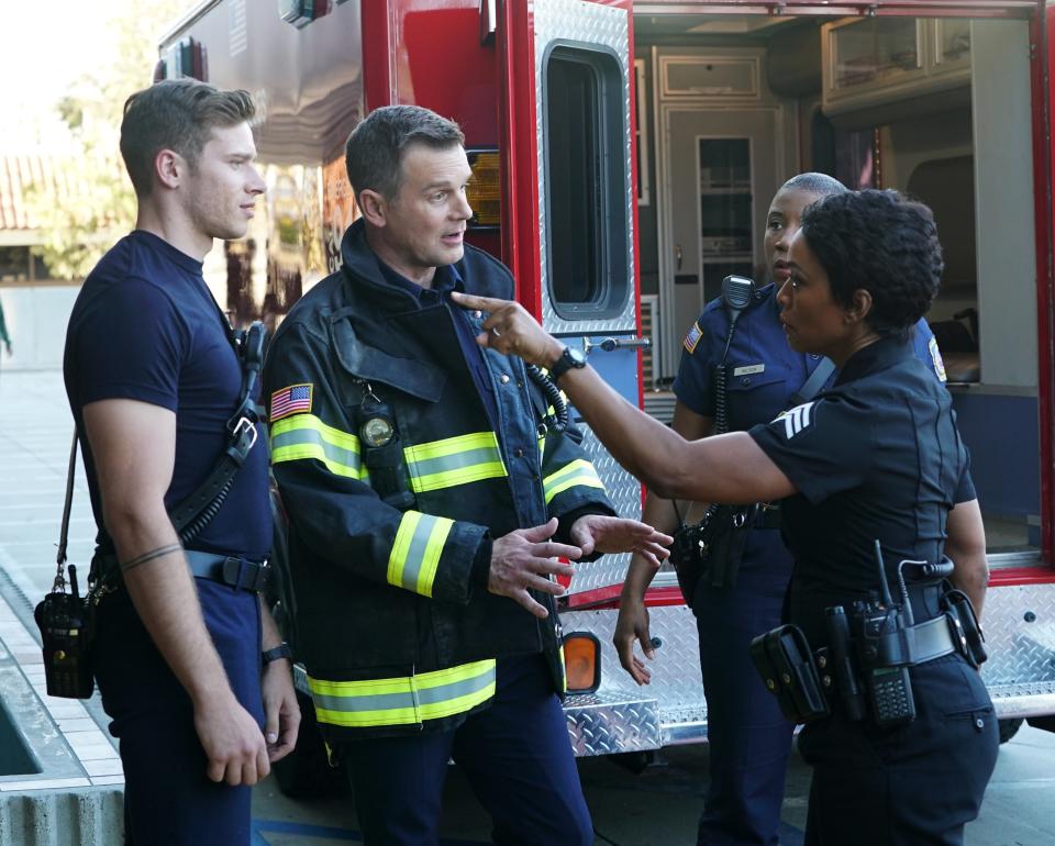 9-1-1: L-R: Peter Krause, Oliver Stark, Aisha Hinds and Angela Bassett in the series premiere episode of 9-1-1 airing Wednesday, Jan 3 (9:00-10:00PM ET/PT) on FOX. (Photo by FOX Image Collection via Getty Images)