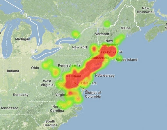 This map created by Mike Hankey of the American Meteor Society depicts the sighting reports of the March 22, 2013, fireball that lit up the East Coast night sky.