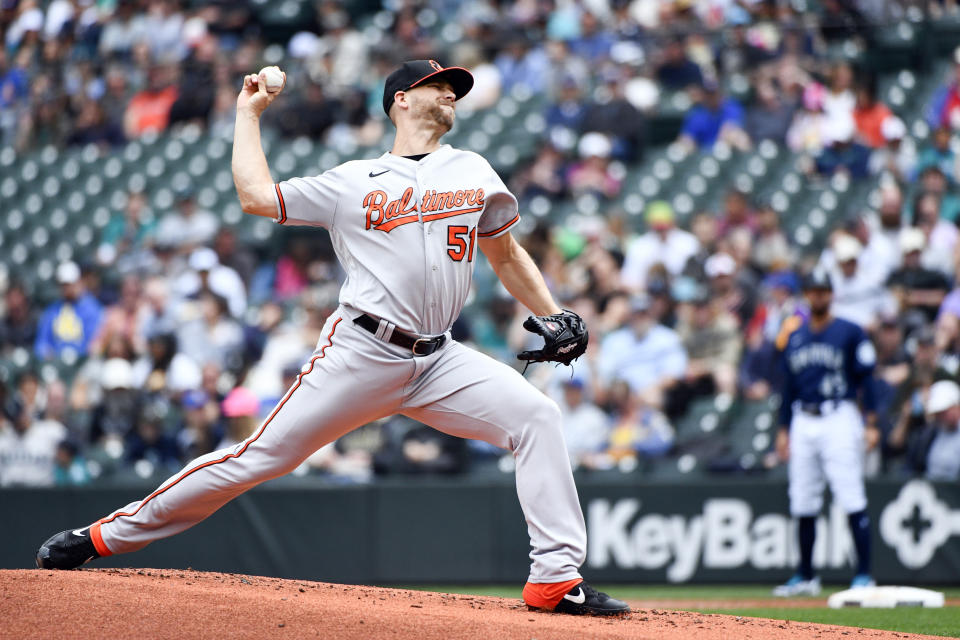 Baltimore Orioles' Austin Voth throws during a baseball game against the Seattle Mariners, Wednesday, June 29, 2022, in Seattle. (AP Photo/Caean Couto)