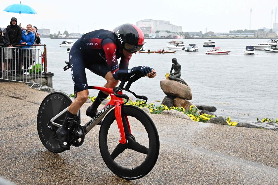 Geraint Thomas during stage 1 time trial, accidentally wearing a gilet (AFP via Getty Images)