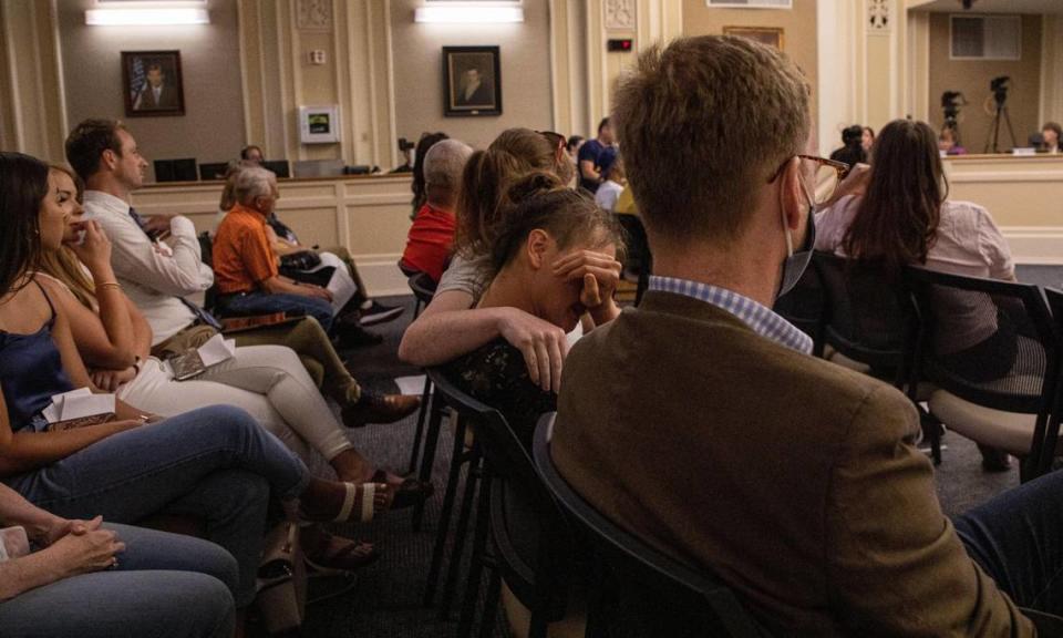 Emma Anderson cries after speaking to the council in support of the ban of no-knock warrants at the Lexington Fayette Urban County Council meeting on June 24, 2021.