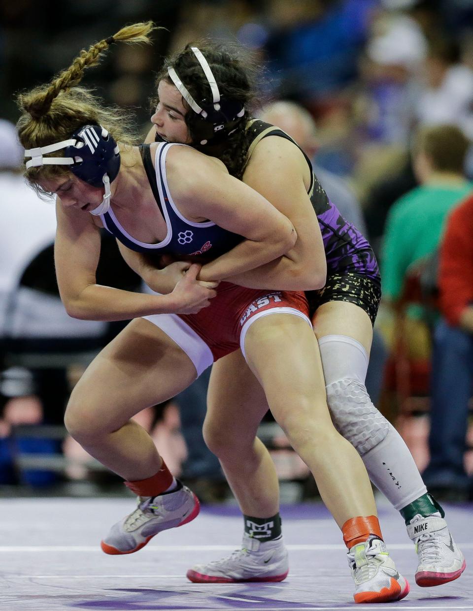 Two Rivers High School's Angie Bianchi wrestles against Brookfield East High School's Lily Becker in a girls 114-pound semifinal match during the 2023 WIAA individual state wrestling tournament on Friday, February 24, 2023, at the Kohl Center in Madison, Wis. Tork Mason/USA TODAY NETWORK-Wisconsin 
