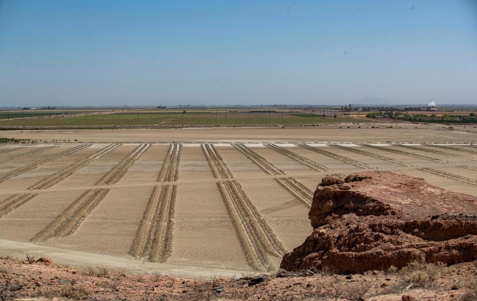 A view from the top of Red Hill Marina County Park shows land tilled up in an effort to reduce particulate in the air on particularly windy days in Calipatria.