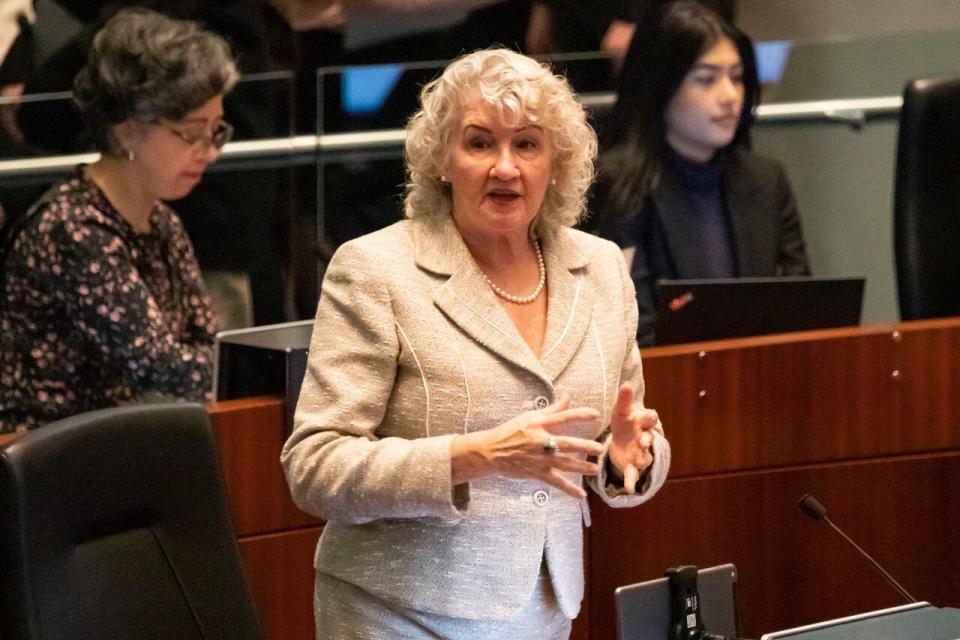 Toronto City Councillor, Paula Fletcher (Ward 14) speaking at the city's budget meeting on February 15, 2023.