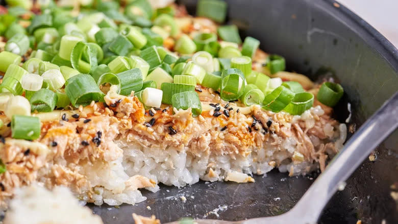 Close-up of salmon sushi bake in a pan