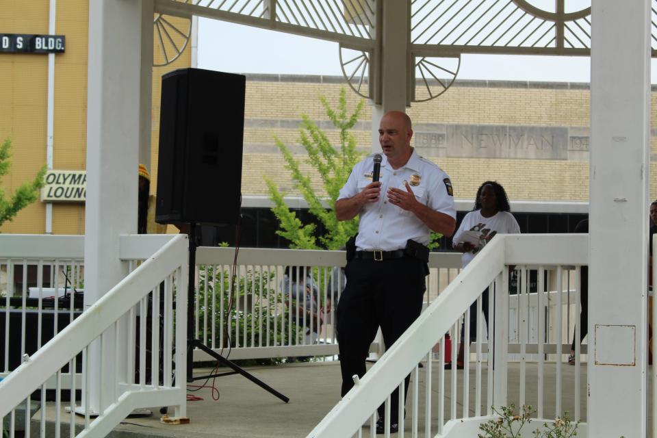 Mansfield City Police Chief Keith Porch spoke at the Kay Day Peace March.