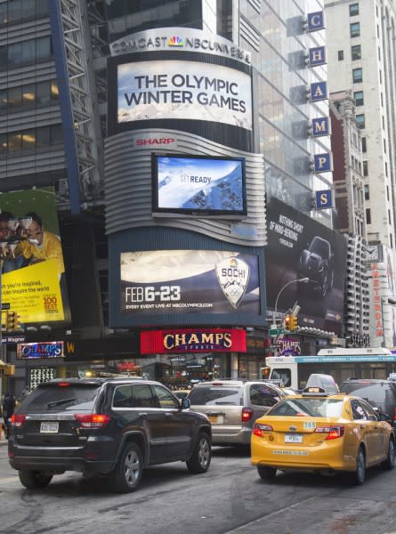 times, billboard, russia, awning, experience, business, sign, traffic, olympic, nbc, metropolis, games, rings, winter, logo, exterior, comcast, sport, lights, universal,