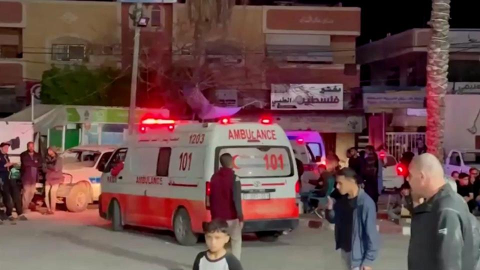 PHOTO: An ambulance is seen in front of a hospital after at least five employees from the World Central Kitchen were killed in an Israeli airstrike on Gaza, according to the Hamas-run Gaza government media office on April 1, 2024. (Reuters)