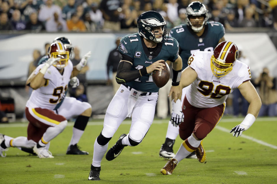 Philadelphia Eagles quarterback Carson Wentz had a great game on Monday night against Washington. (AP)