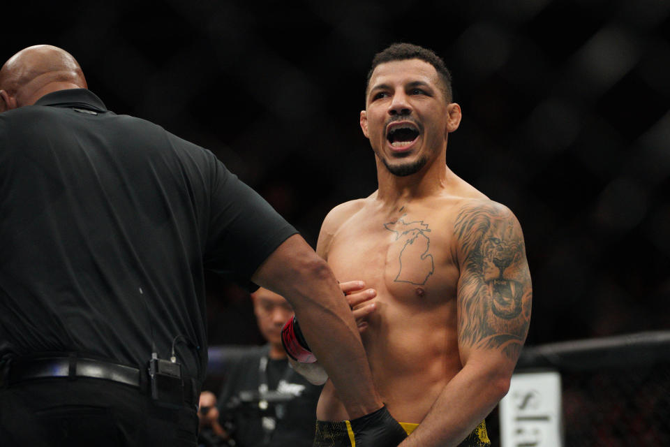 Dec 2, 2023; Austin, Texas, USA; Drakkar Klose (red gloves) celebrates defeating Joe Solecki (blue gloves) during UFC Fight Night at Moody Center. Mandatory Credit: Dustin Safranek-USA TODAY Sports