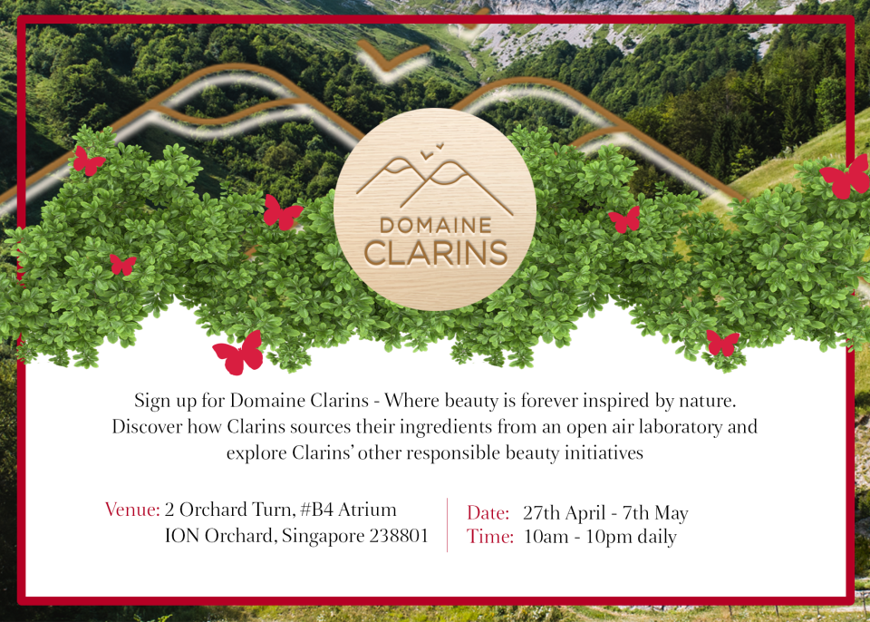 A banner of Clarins Domain pop-up with details on venue, date and time.