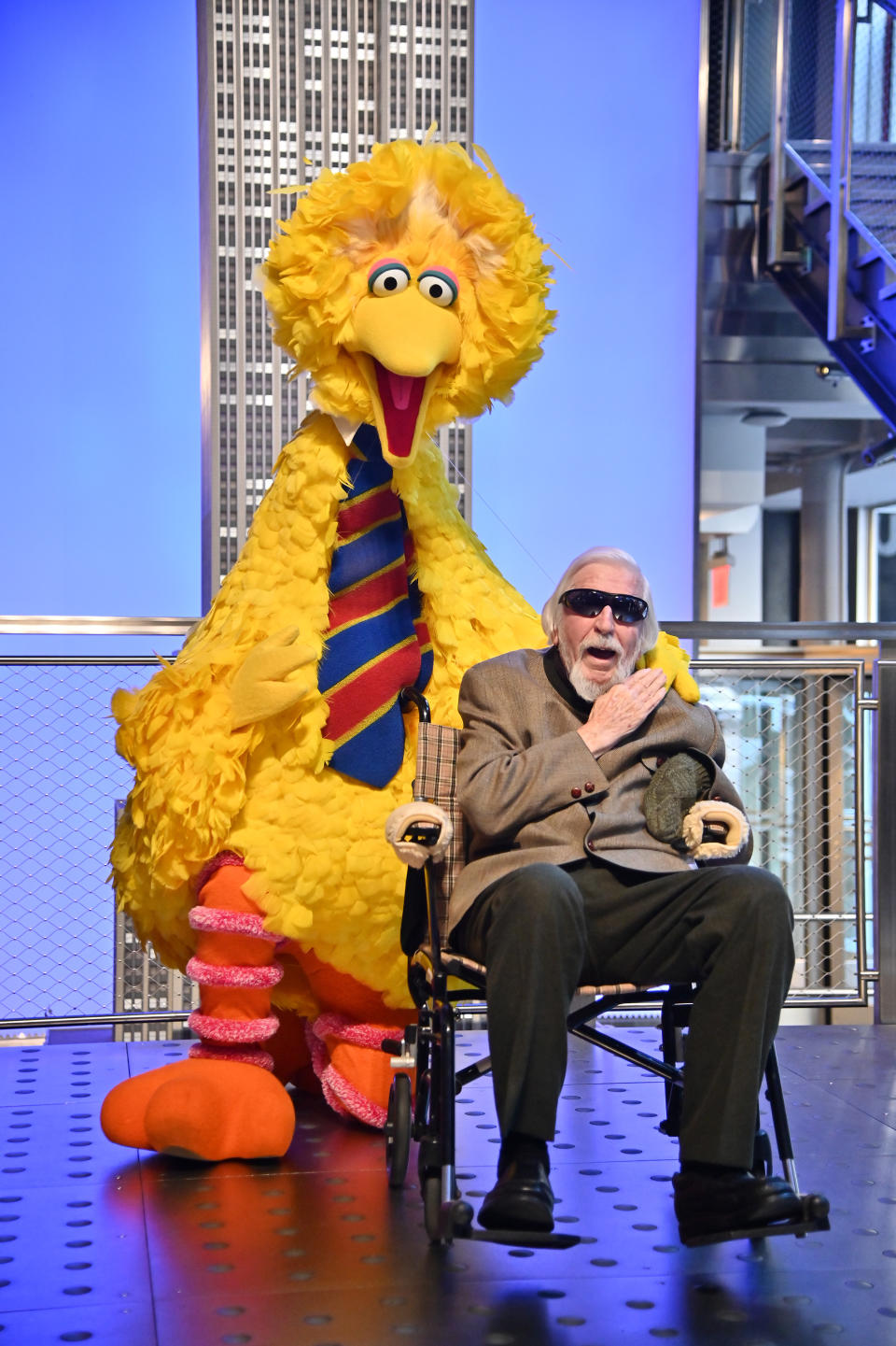 NEW YORK, NEW YORK - NOVEMBER 08: Sesame Street's Big Bird And Puppeteer Caroll Spinney Light The Empire State Building at The Empire State Building on November 08, 2019 in New York City. (Photo by Theo Wargo/Getty Images)