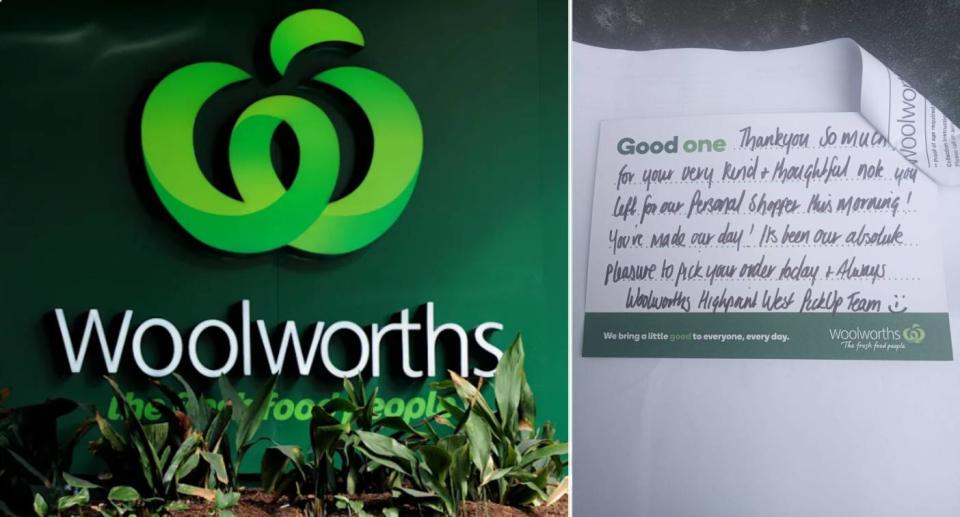 Woolworths logo (left), thank you note (right). Source: Getty Images (left), Facebook (right)