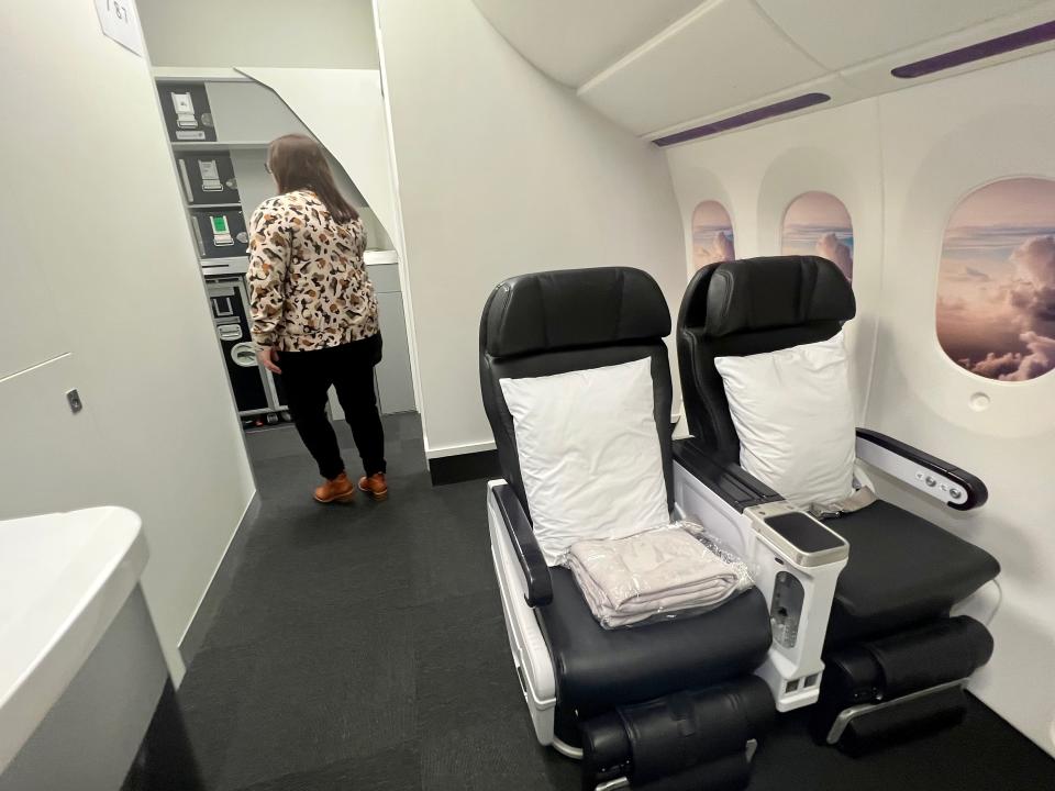 Inside the premium cabin mockup — Air New Zealand's Academy of Learning in Auckland.