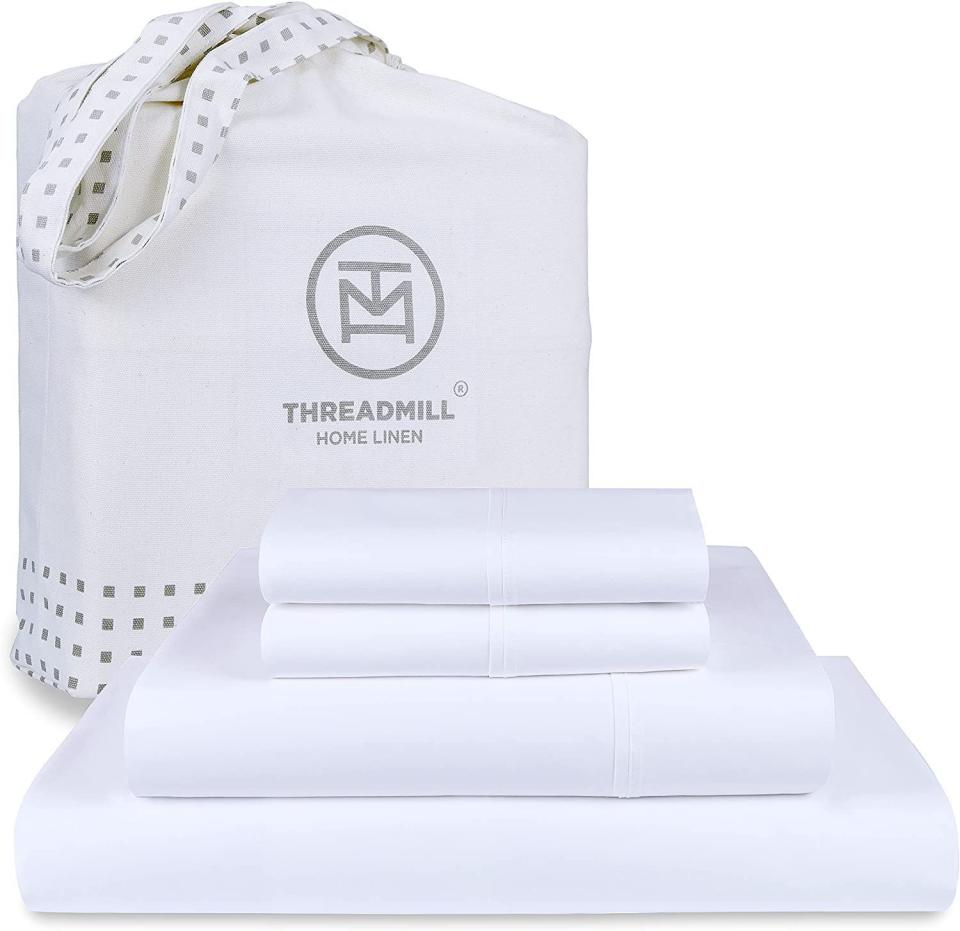 <p><strong>Threadmill Home Linen</strong></p><p>amazon.com</p><p><strong>$67.19</strong></p><p><a href="https://www.amazon.com/dp/B073CWWPBC?tag=syn-yahoo-20&ascsubtag=%5Bartid%7C10050.g.35600080%5Bsrc%7Cyahoo-us" rel="nofollow noopener" target="_blank" data-ylk="slk:Shop Now;elm:context_link;itc:0;sec:content-canvas" class="link ">Shop Now</a></p><p>Reviewers rave over these 100% cotton sheets, saying these are "the BEST QUALITY sheets I have ever owned," "soft, cool and crisp and felt so good all night," and "not too hot, not too cold, they're just right." As per usual with most sheets sets, we'd advise washing this set once before using and putting them on straight out of the dryer to eliminate wrinkles. Customers say they get better and better with each wash and are extremely durable. </p>