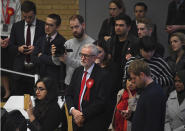 British opposition Labour Party leader Jeremy Corbyn and his wife Laura Alvarez wait for the declaration of his seat in the 2019 general election in Islington, London, Friday, Dec. 13, 2019. The first handful of results to be declared in Britain's election are showing a surge in support for to the Conservatives in northern England seats where Labour has long been dominant. (AP Photo/Alberto Pezzali)