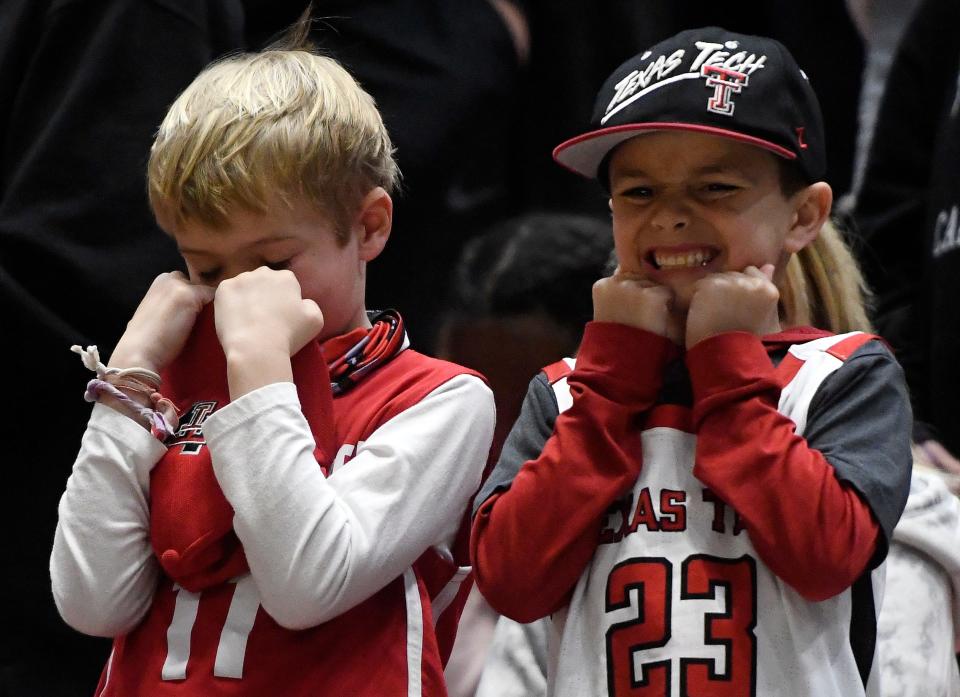 Texas Tech fans wince at the game against Notre Dame in the NCAA tournament's second round game, Sunday, March 20, 2022, at Viejas Arena in San Diego, California. Texas Tech won, 59-53.