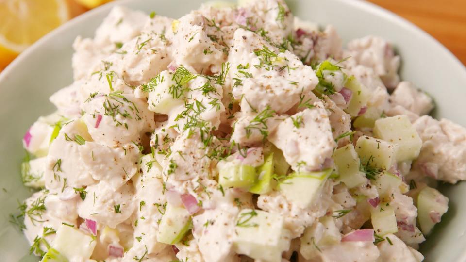 <p>There's definitely more than one way to make <a href="https://www.delish.com/cooking/g1503/chicken-salad-recipes/" rel="nofollow noopener" target="_blank" data-ylk="slk:chicken salad;elm:context_link;itc:0;sec:content-canvas" class="link ">chicken salad</a>, but this is our favorites—green apple, red onion, and celery add crunch, while mayo and lemon juice add creaminess with the perfect amount of tang.</p><p>Get the <strong><a href="https://www.delish.com/cooking/recipe-ideas/recipes/a54787/best-chicken-salad-sandwich-recipe/" rel="nofollow noopener" target="_blank" data-ylk="slk:Chicken Salad Sandwich recipe;elm:context_link;itc:0;sec:content-canvas" class="link ">Chicken Salad Sandwich recipe</a></strong>.</p>