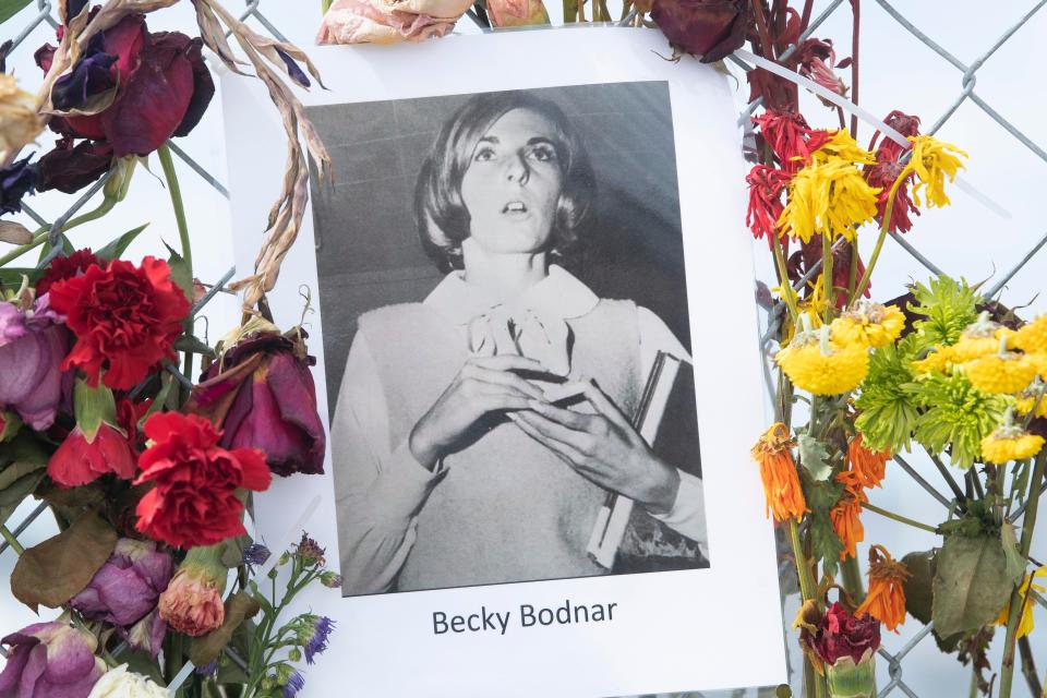 A photograph of Becky Bodnar on the Hurricane Ian memorial at Centennial Park on Sunday, October 9, 2022 in Fort Myers, Fla. 