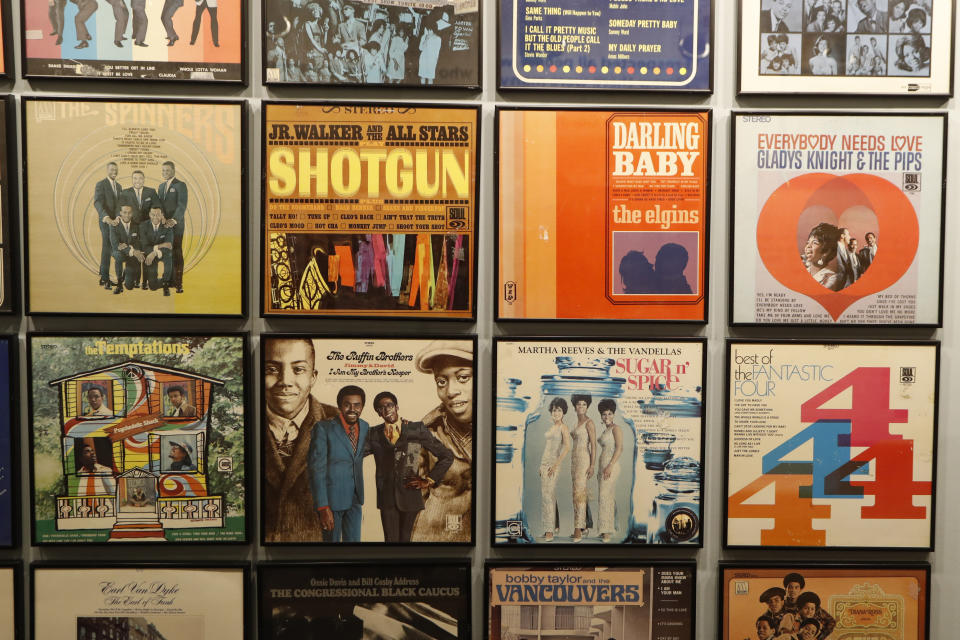 Closeup of album covers displayed during a tour of the Motown Museum, Wednesday, July 15, 2020, in Detroit. The Detroit building where Gordy built his music empire reopened its doors to the public on Wednesday. It had been closed since March due to the coronavirus pandemic. (AP Photo/Carlos Osorio)