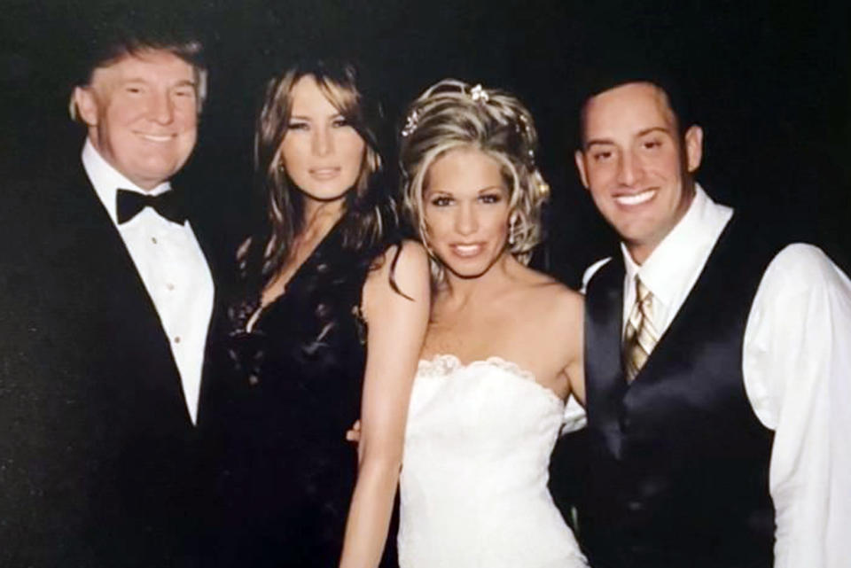 Jen and Barry Weisselberg wedding photo with Donald and Melania Trump in 2004. (Courtesy of Jennifer Weisselberg)