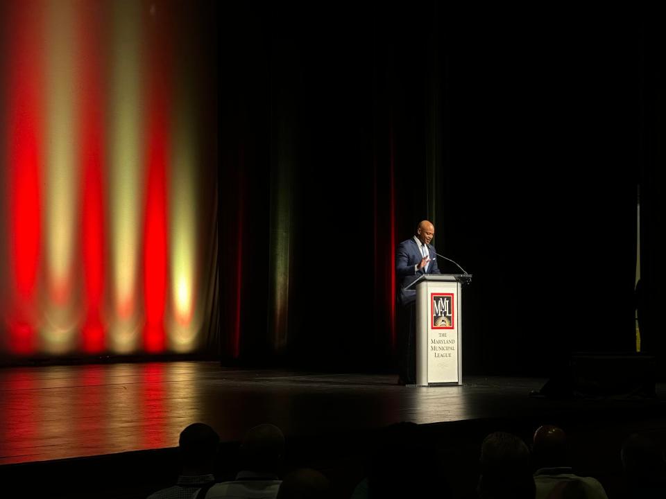 Maryland Governor Wes Moore addresses a large crowd at the annual Maryland Municipal League (MML) summer conference at the Ocean City, Maryland, Roland E. Powell Convention Center on Monday, June 24, 2024.