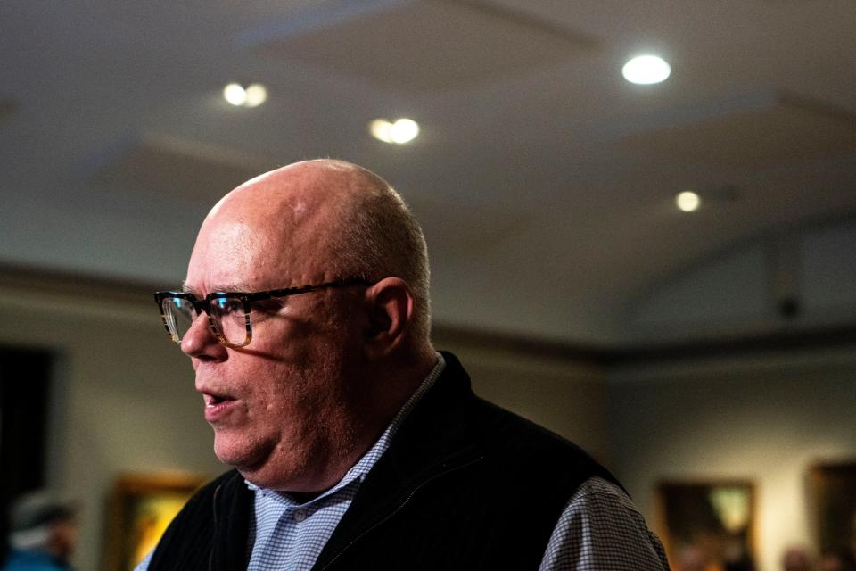 Mike Simonson speaks during an interview during his special election watch party at Hoyt Sherman Place on Tuesday, March 19, 2024, in Des Moines.