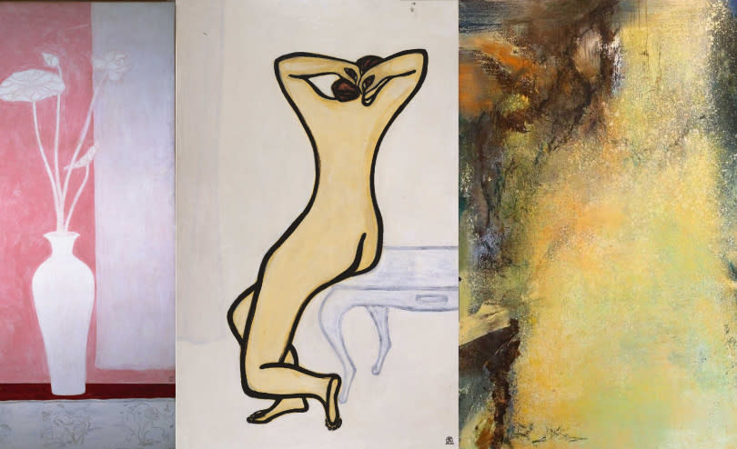左起為常玉畫作〈白蓮〉、〈入浴〉與趙無極繪於1980年代的作品，也提醒民眾在典藏展展間不可拍照、攝影。（圖／富邦美術館提供）