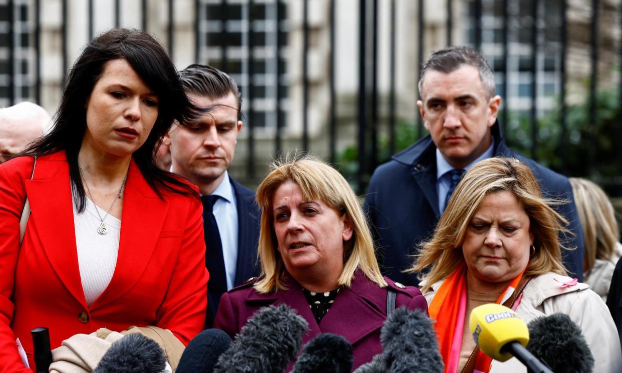 <span>Martina Dillon, whose husband was killed in a loyalist attack in 1997, outside the Royal Courts of Justice in Belfast on Wednesday.</span><span>Photograph: Clodagh Kilcoyne/Reuters</span>