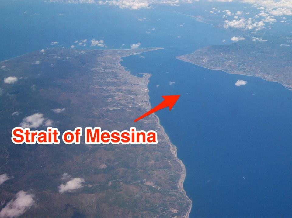 The Strait of Messina is a narrow body of water separating Sicily from mainland Italy.