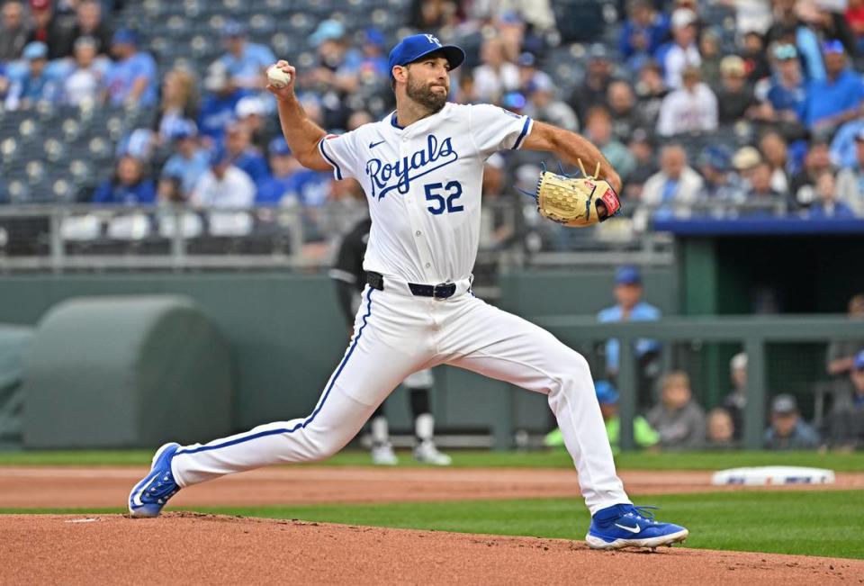 Kansas City Royals starting pitcher Michael Wacha (52) delivers a pitch in the first inning against the Chicago White Sox at Kauffman Stadium on April 6, 2024.