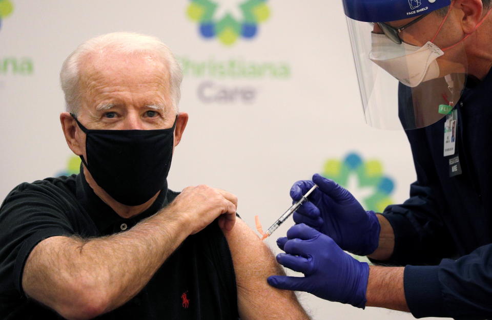 U.S. President-elect Joe Biden receives his second dose of a vaccine against the coronavirus disease (COVID-19) at ChristianaCare Christiana Hospital in Newark, Delaware, U.S., January 11, 2021. REUTERS/Tom Brenner