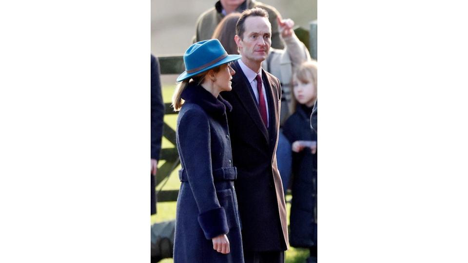 Sophie Tollemache and Edward Tollemache, godson to King Charles, accompany the King and Queen as they attend the New Year's Eve Mattins service at the Church of St Mary Magdalene on the Sandringham estate on December 31, 2023