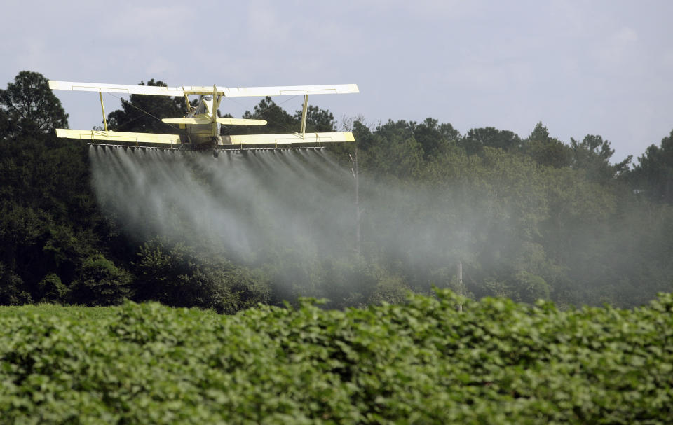 FILE - In this Aug. 4, 2009 file photo, a crop duster sprays a field in Alabama. A study published in the journal Science on Thursday, April 1, 2021 finds that farmers in the U.S. are using smaller amounts of better targeted pesticides, but these are harming pollinators, aquatic insects and some plants far more than decades ago. (AP Photo/Dave Martin, File)