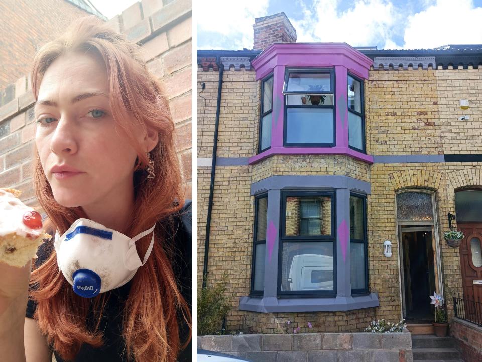 A collage of Maxine Sharples and her renovated home.