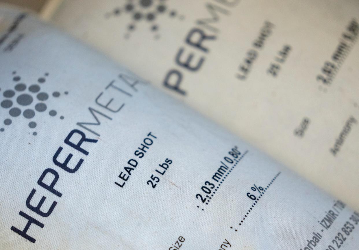 Bags of lead shot, for sale at on Sunday, Nov. 12, 2023, for sale at $56.99 in the Atterbury Shooting Complex in Edinburgh. Lead is commonly used in shotgun shells and bullet rounds found here.