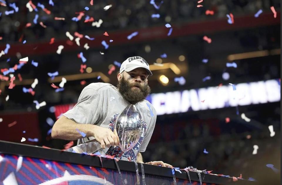 New England Patriots player Julian Edelman celebrates a win against the Los Angeles Rams after Super Bowl LIII in 2019. The confetti that fell from the rafters of Mercedes-Benz Stadium in Atlanta was manufactured by Gardner’s Seaman Paper Co.