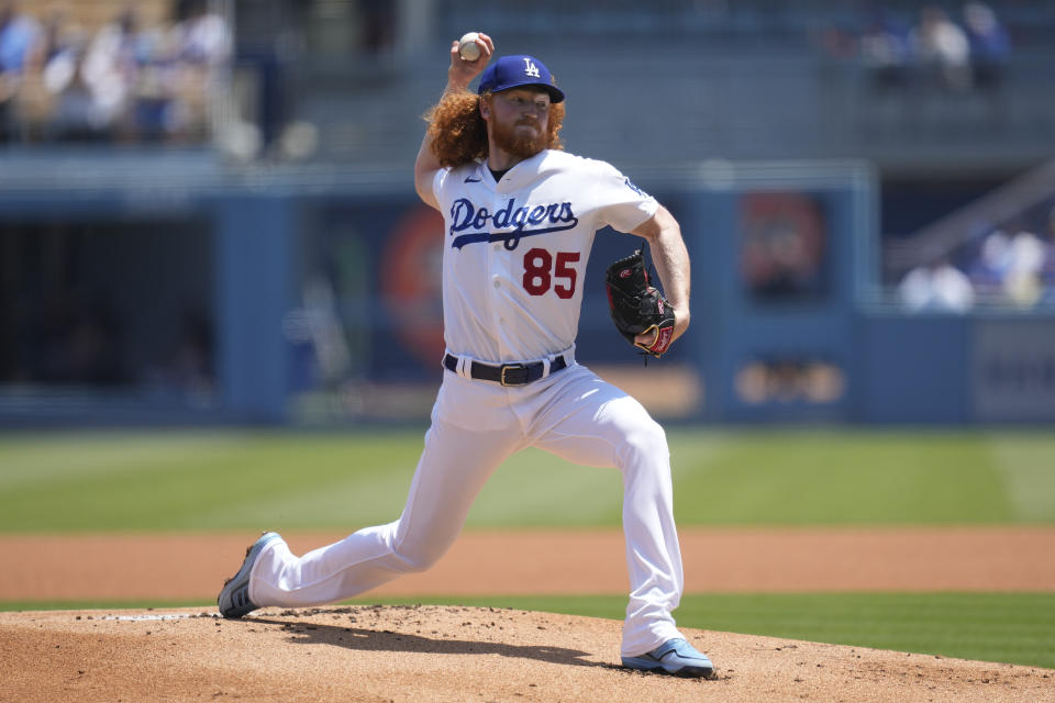 Los Angeles Dodgers starting pitcher Dustin May (85) throws during the first inning of a baseball game against the Minnesota Twins in Los Angeles, Wednesday, May 17, 2023. (AP Photo/Ashley Landis)