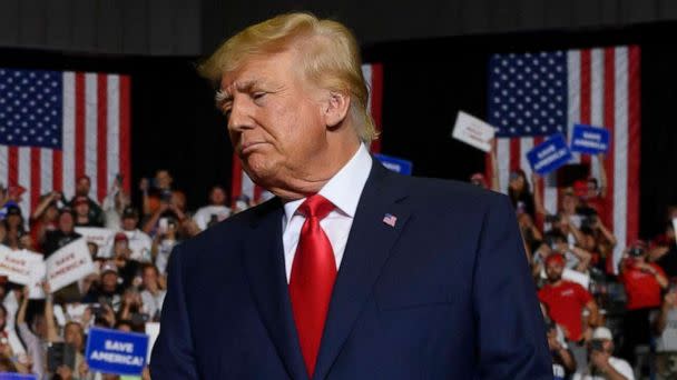 PHOTO: Former President Donald Trump enters the stage at a Save America Rally in Youngstown, Ohio, Sept. 17, 2022. (Jeff Swensen/Getty Images)