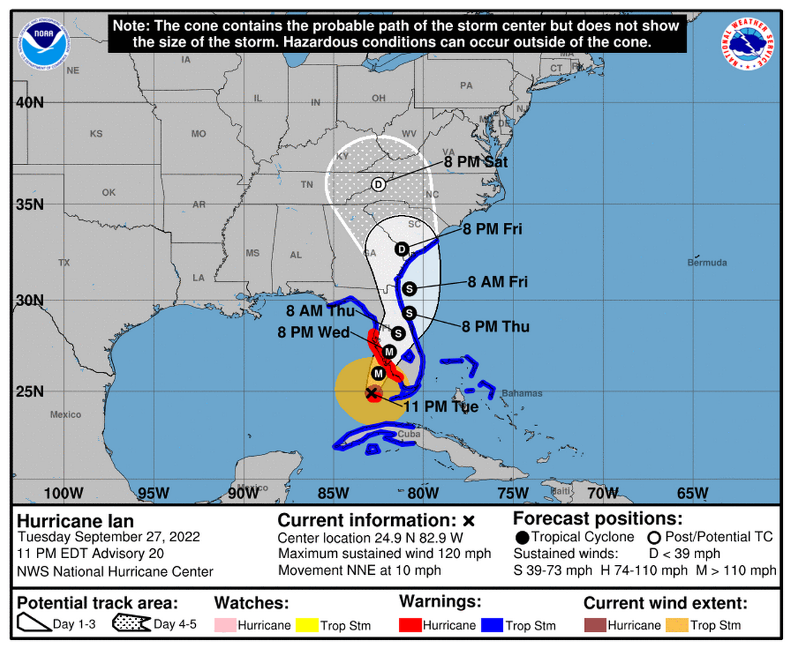 Hurricane Ian is forecast to make landfall near Cape Coral, Florida as a major hurricane on Wednesday, Sept. 28, 2022, the National Hurricane Center said Tuesday in its 11 p.m. advisory.