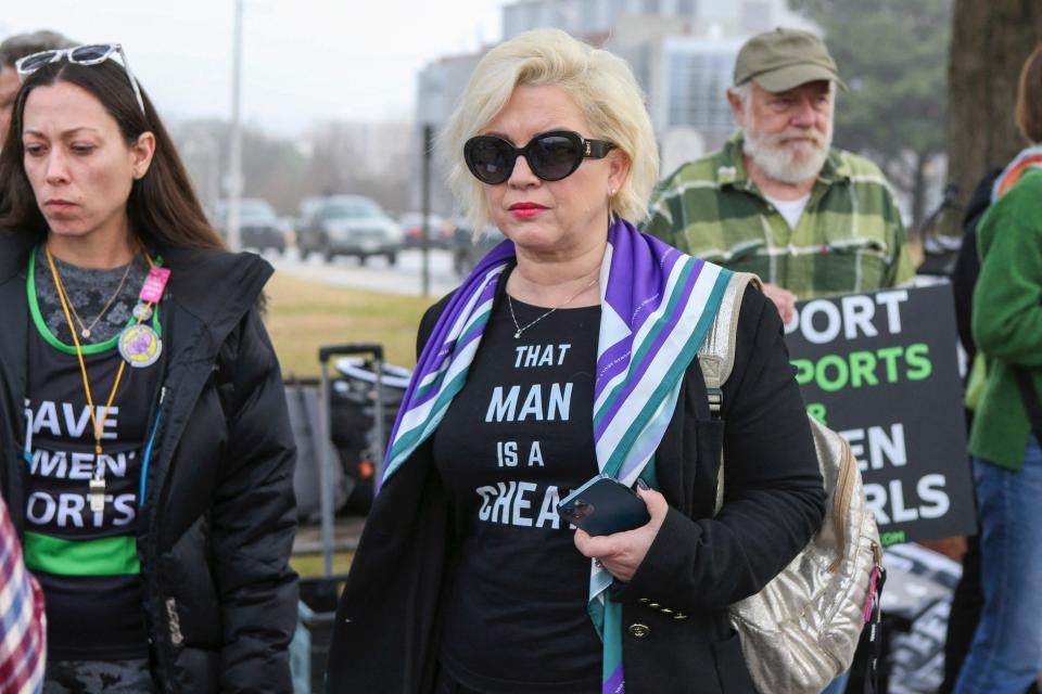 Protesters gathered outside of the 2022 NCAA Swimming and Diving Championships in protest of trans athletes' participation in women's sports.