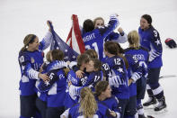 <p>United States celebrates winning gold after the women’s gold medal hockey game against Canada at the 2018 Winter Olympics in Gangneung, South Korea, Thursday, Feb. 22, 2018. (AP Photo/Matt Slocum) </p>