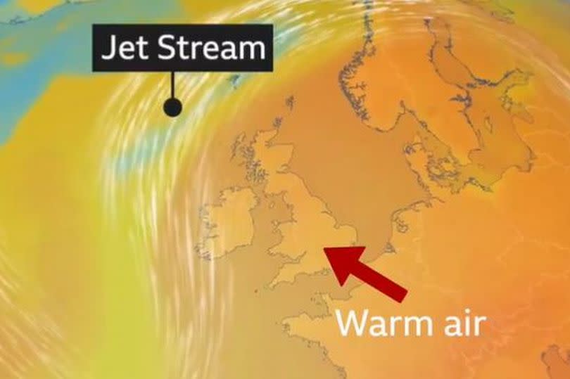 Weather map showing the UK getting warmer